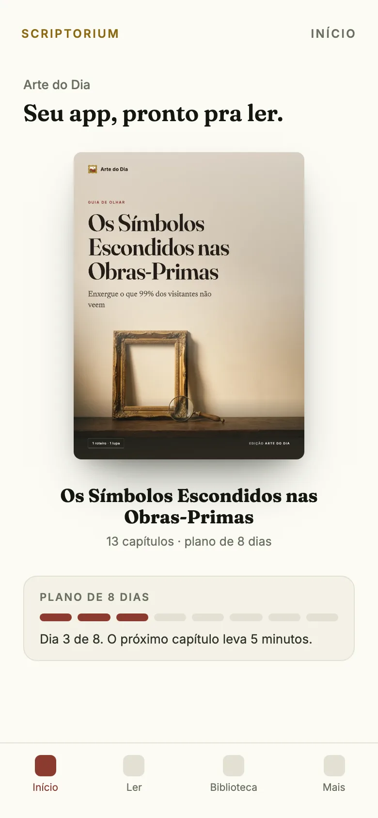 Capa do app: o ebook Os Símbolos Escondidos nas Obras-Primas aberto na tela Início, com o plano de 8 dias
