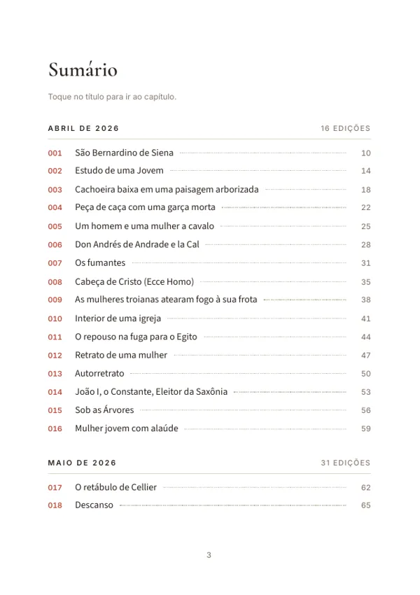 Página do sumário da Coleção completa, edições agrupadas por mês